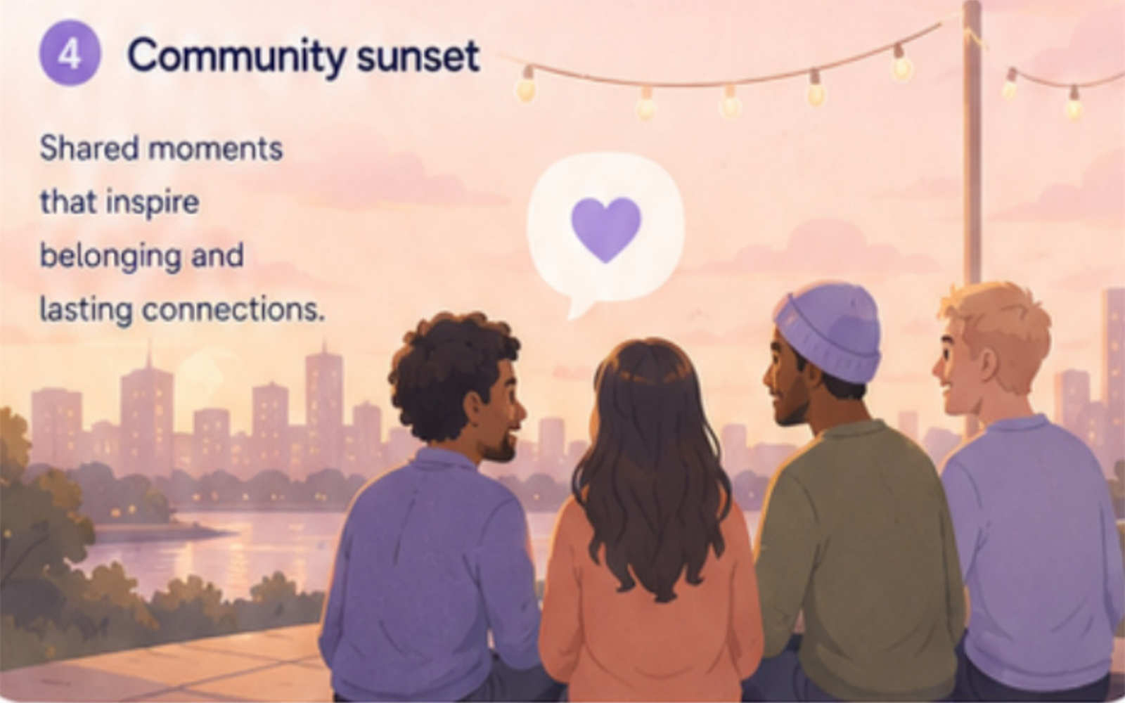 A small group sitting together at sunset.