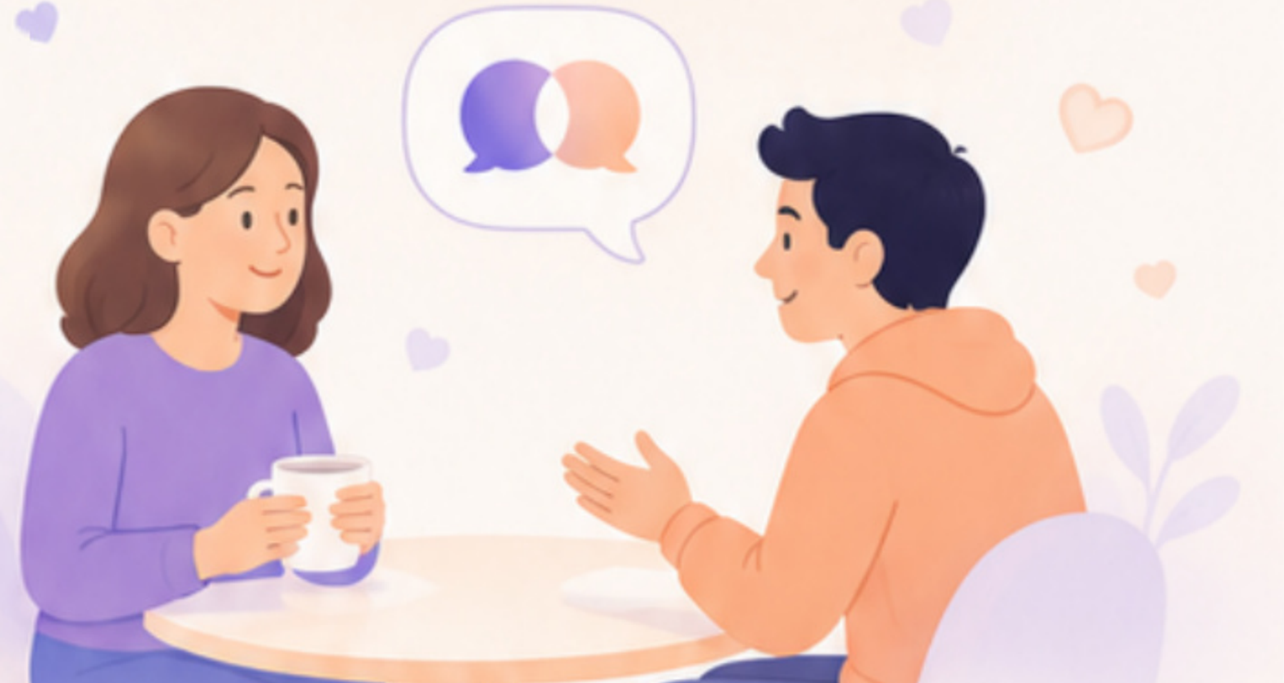 Two people having a calm cafe conversation.